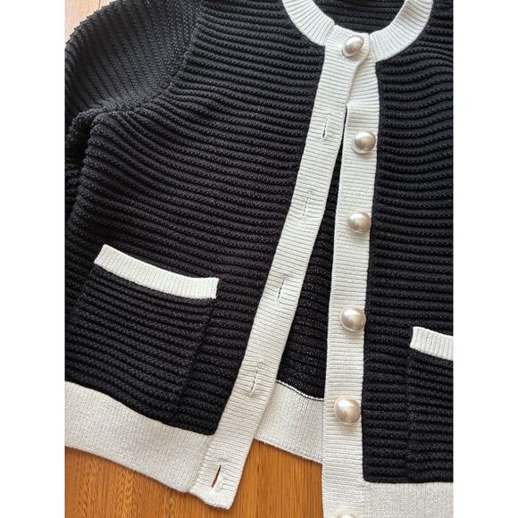 Women's Black and White Cardigan Sweater - Picture 3 of 8